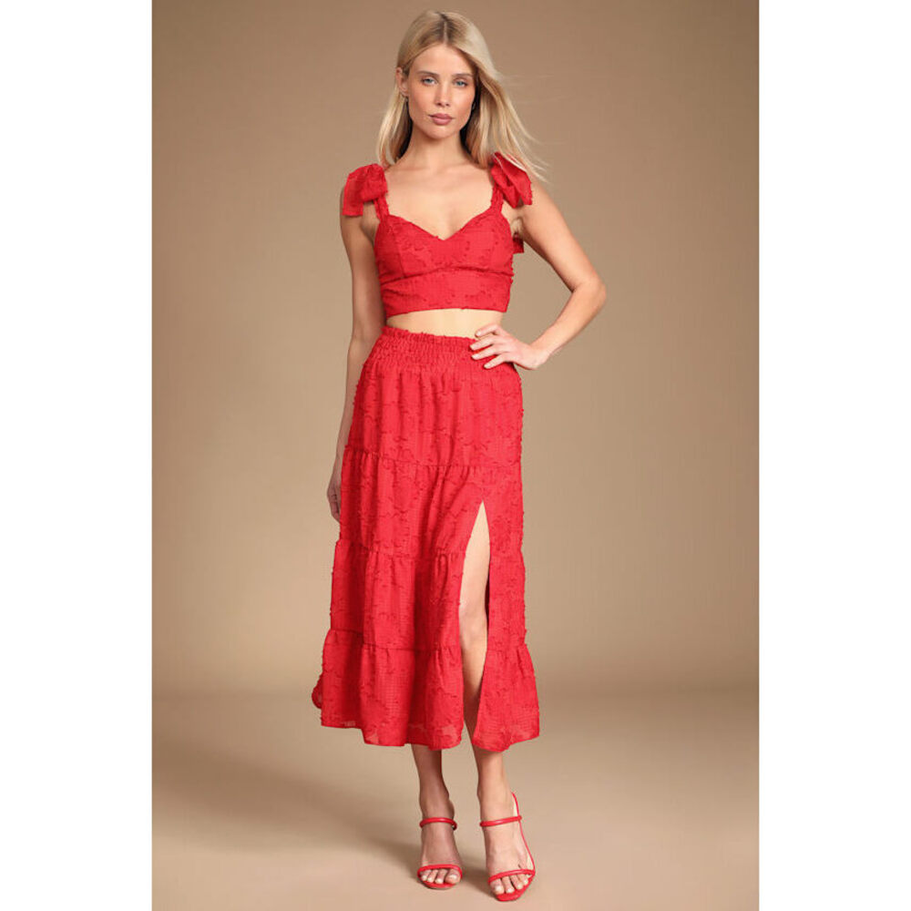 Lulus Trendy Twofer Red Floral Burnout Tiered Two-piece Midi Dress - Size S